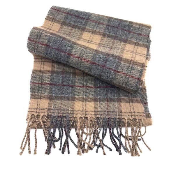 Barbour Plaid Lambswool Fringed Scarf - Brown/Burgundy/Gray - Picture 1 of 3